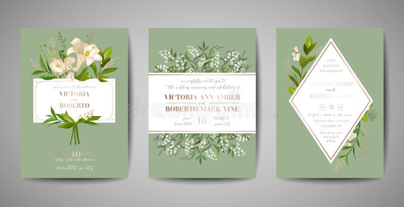 Το σύνολο γαμήλιας πρόσκλησης, floral σας προσκαλεί, ευχαριστεί, rsvp αγροτικό σχέδιο καρτών με τη χρυσή διακόσμηση φύλλων αλουμι διανυσματική απεικόνιση